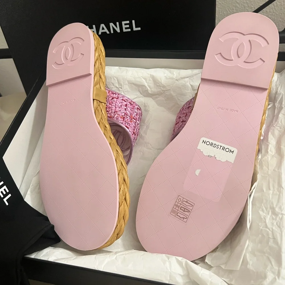 NEW in box. Chanel Pink Tweed Sandals - Picture 9 of 12